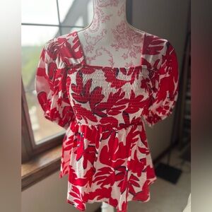Red Floral Smocked Bubble Puff Sleeve Top size XS